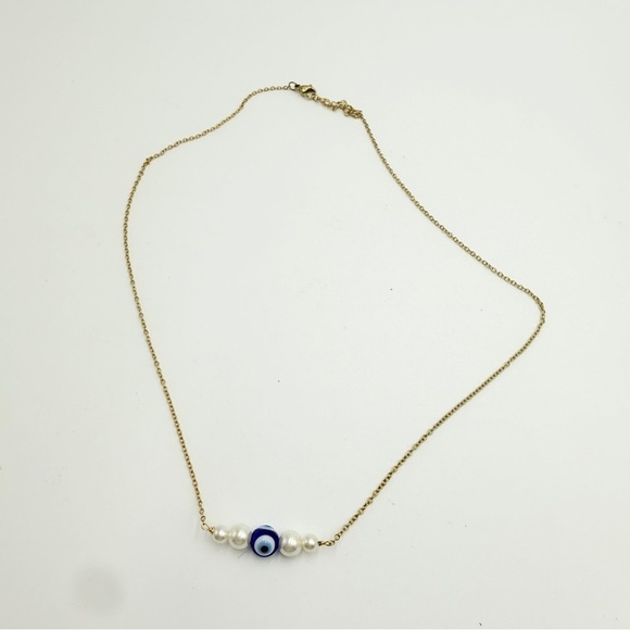 Gold Tone Chain Necklace with Evil Eye and Faux Pearl Beads - Picture 3 of 9
